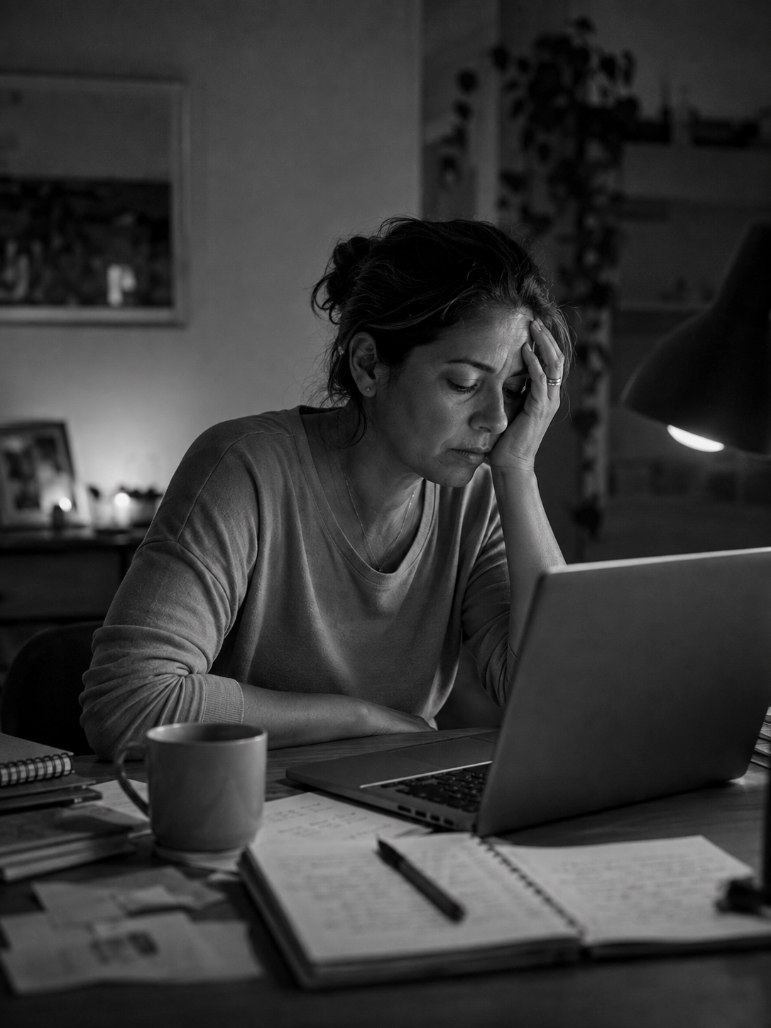 Mulher cansada em frente ao notebook, segurando a cabeça