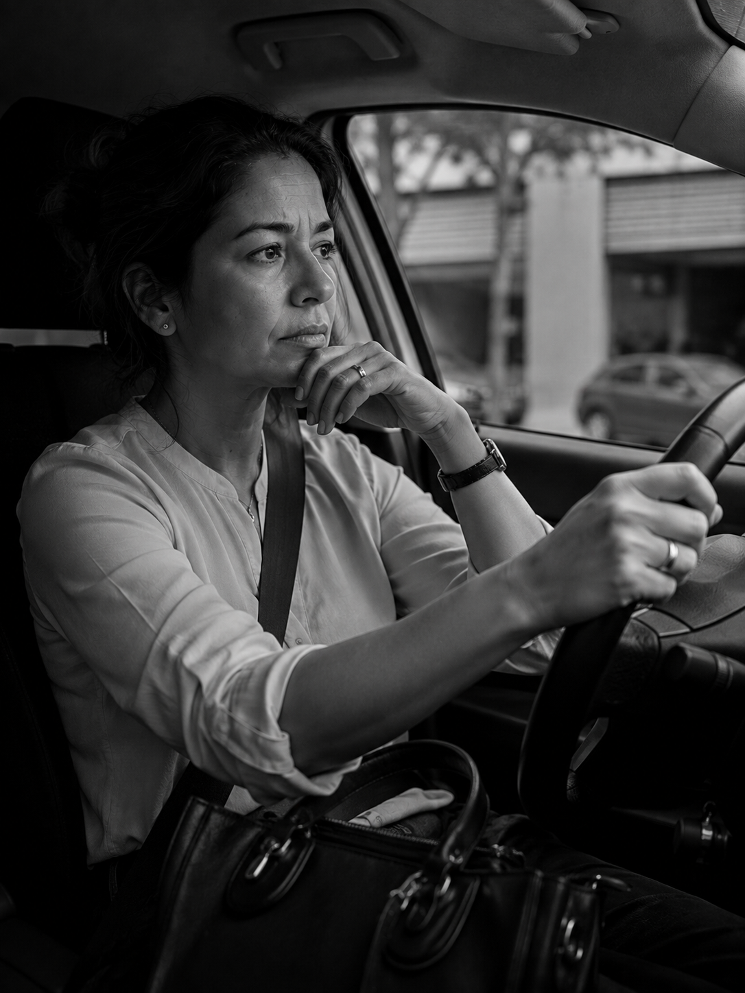 Mulher pensativa dirigindo o carro